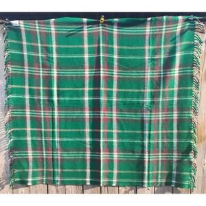 Vintage Faribo Woolen Mill Co Blue Green Plaid Stadium Fringed Blanket 52"x62"